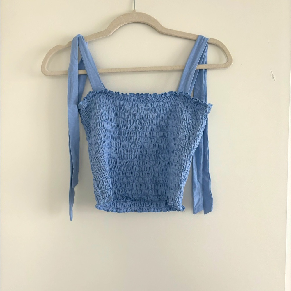 Blue tube top with tie straps